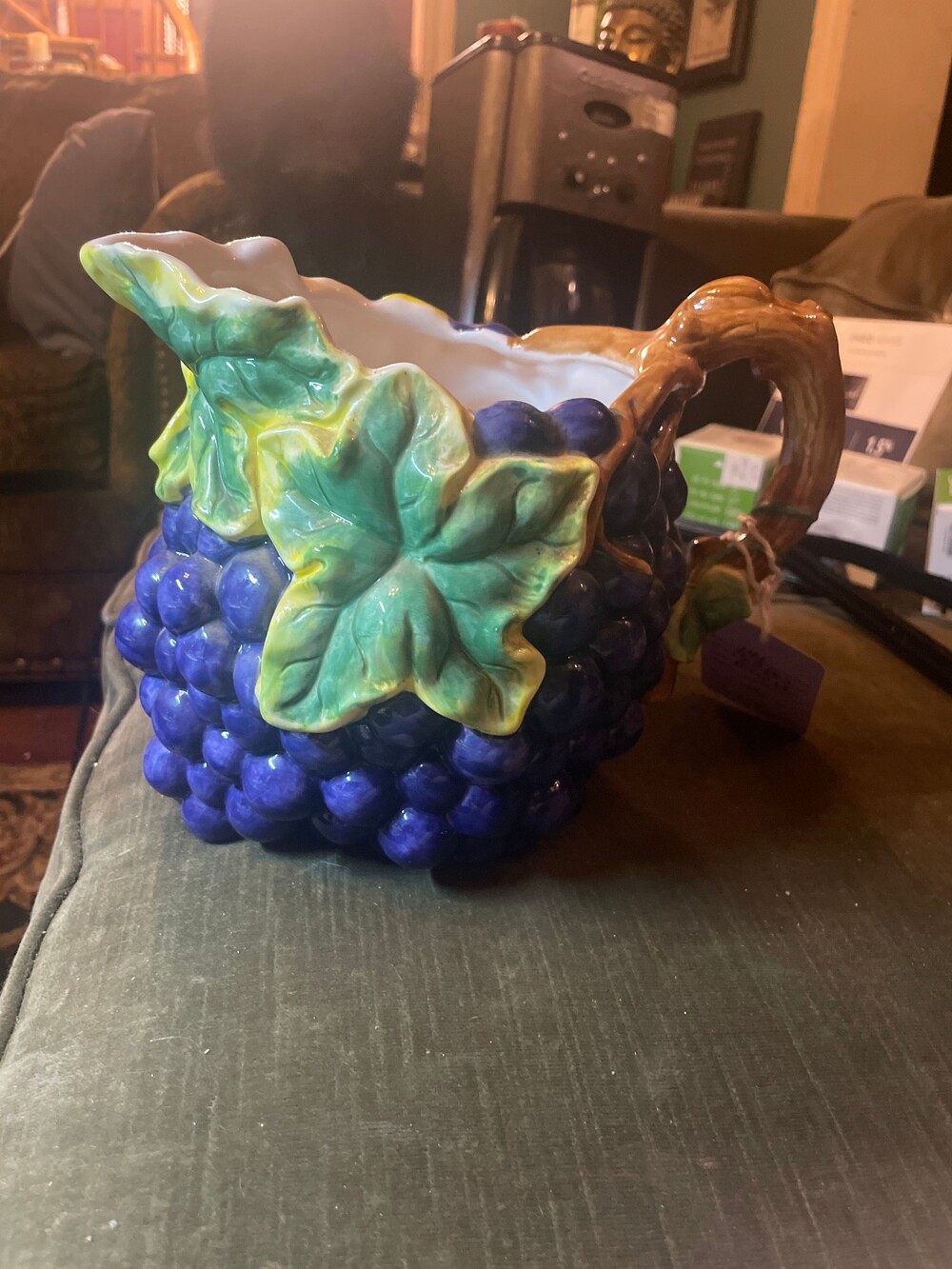 Vintage Ceramic Purple Grape Pitcher with Leaf and Vine Handle